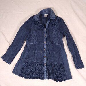 Parsley & Sage Denim Look Shirt Jacket Womens Medium Blue Embroidered Velvet